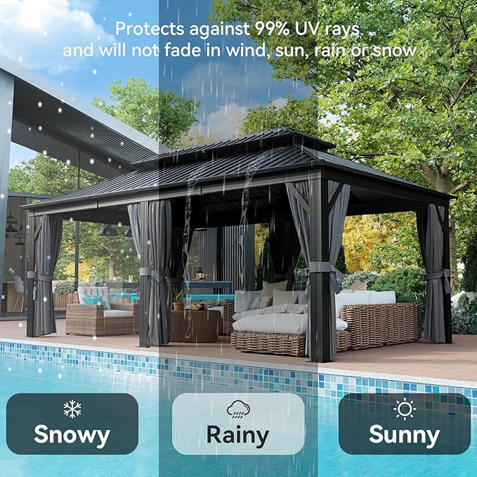 Aoxun 12' X 20' Hardtop Gazebo, Galvanized Steel Double Top, Aluminum Metal Gazebo with Curtains and Netting, Permanent Canopy Pavilion for Wedding, Party, Outdoor Dining