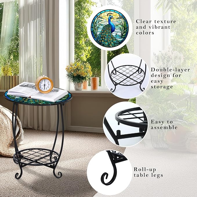 Outdoor Side Table Round Small Mosaic Patio Accent Indoor End Plant Coffee Tea Table for Yard Patio Porch Garden Living Room, Bedroom(Peacock Style,18 Inch)