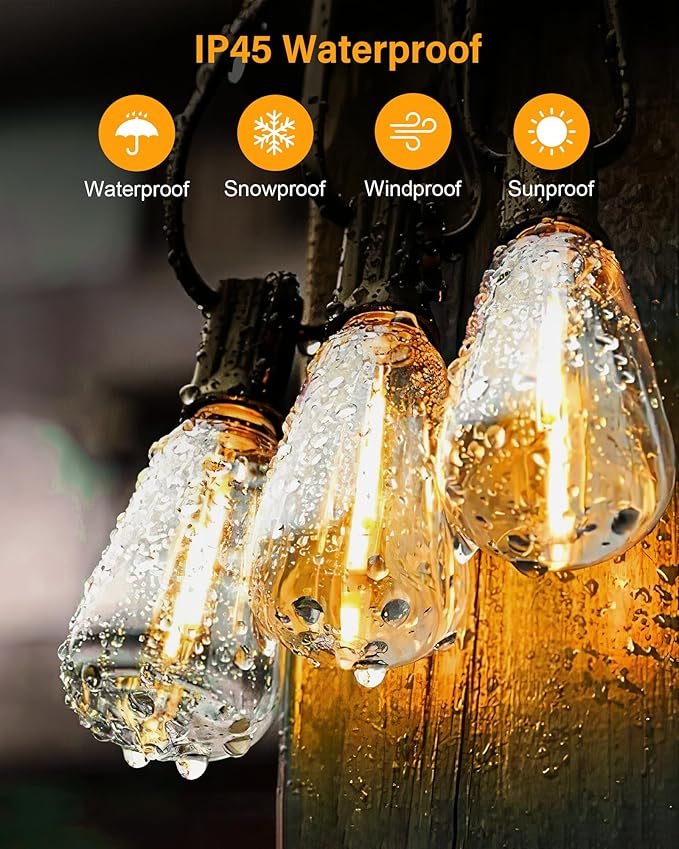 200FT LED Outdoor String Lights, 2700K LED Patio Lights Outdoor Waterproof with 100+4 Shatterproof Vintage Bulbs, Plug in Hanging Light for Porch, Backyard, Garden, Gazebo