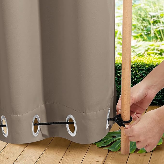 NICETOWN 2 Panels Outdoor Curtains Waterproof Fixed Grommet/Back Tab on Top & Bottom, Thermal Insulated Windproorf Sun Blocking Outdoor Drapes with Rope for Patio/Gazebo, W52 x L84, Soft Brown