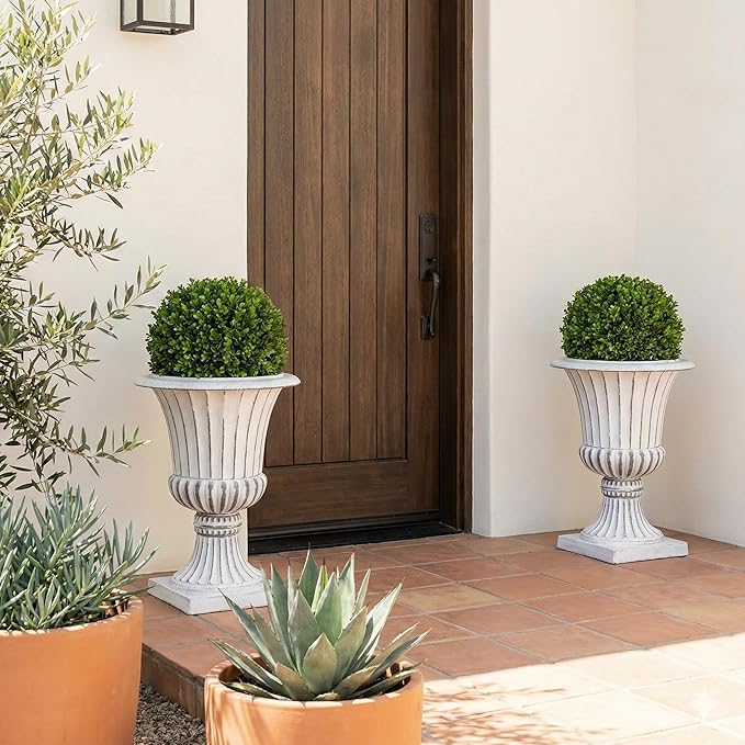 Urn Planters 22", Set of 2, Tall Stone-Resin Pedestal Planters for Outdoor Plants, Large Front Porch Decor, Patio Garden Pots, Outdoor Urns for Entryway, Porch & Deck, White Plant Pot