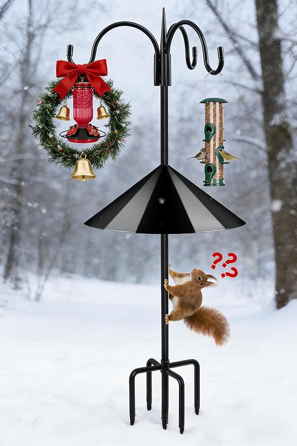 FEED GARDEN 92" Squirrel-Proof Bird Feeder Pole - Heavy-Duty Shepherd's Hook with 3 Hooks, 5-Prong Base & 19" Baffle for Outdoor Feeders & Plants