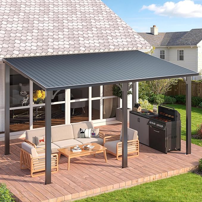 AECOJOY 14' x 8' Outdoor Hardtop Metal Gazebo for Patio, Large Lean to 8x14 Galvanized Steel Wall Mounted Pergolas and Grill Gazebos Clearance, Patio Roof Heavy Duty Awnings for Backyard, Decks