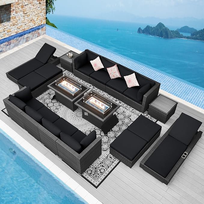 NICESOUL 18 Piece Outdoor Sectional with Fire Pit Table, 29.3'' High Back Extra Large Patio Furniture Set with Firepit & Chaise Lounge, 14-Person Outdoor Sofa Conversation Couch, Grey & Black