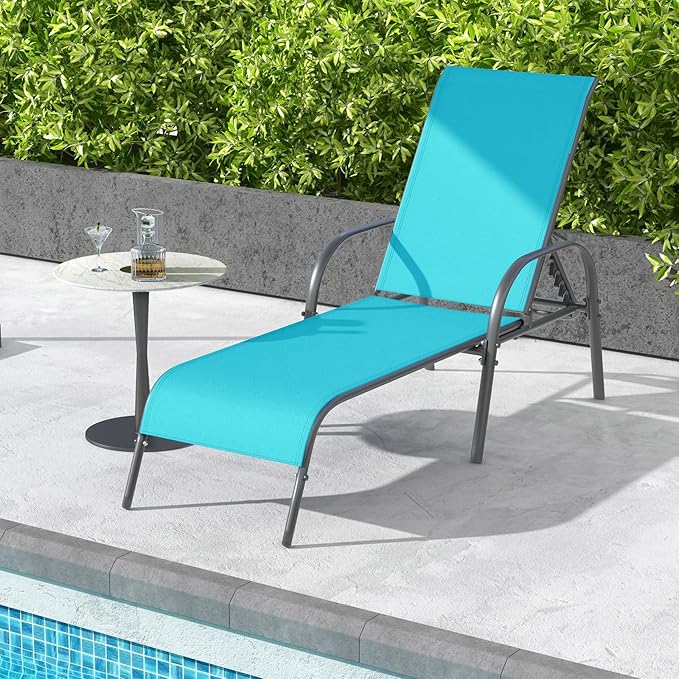 Giantex 2 Pack Patio Lounge Chair, Outdoor Chaise Lounge with 5 Adjustable Backrest, Sturdy Steel Frame, Sunbathing Recliner, Tanning Chair for Beach, Outside, Yard, Balcony, Pool Chairs (2,Turquoise)