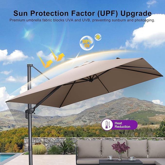 PURPLE LEAF Patio Umbrella 10' X 10' Rectangle Cantilever Umbrella Large Aluminum Outdoor Umbrellas with 360-degree Rotation & UPF40+ Premium Fabric for Deck Pool Garden Yard,Sand Dune