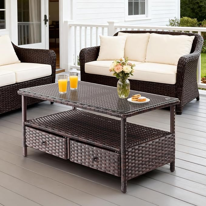 VINGLI Outdoor Wicker Coffee Table with 2 Drawers & Tempered Glass Top, Patio Coffee Table Outdoor Table for Balcony, Porch, Deck