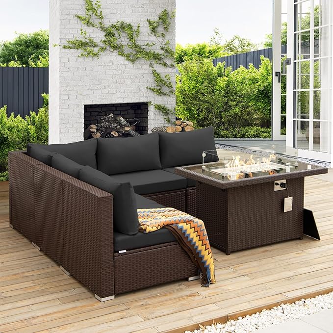 NICESOUL 6 Piece L Shape Outdoor Couch Set with Fire Pit Natural Gas/Propane, 29.3'' High Back Deep Wide Seated Patio Conversation for Deck, Wicker Patio Furniture Set, Brown Rattan and Grey Cushion