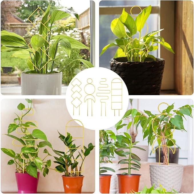 4 Pcs Mini Metal Trellis for Potted Plants, Climbing Support Stake for Houseplant Vines Pothos (Gold)