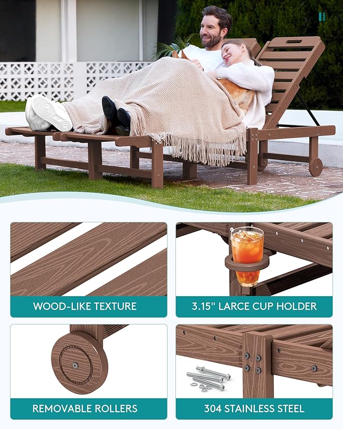 SERWALL Patio Chaise Lounge Set of 4, HDPE Outdoor Lounge Chair with Cup Holder, 5 Positions Adjustable Poly Lounger with Rolling Wheels for Poolside, Deck, Sunbathing, Brown