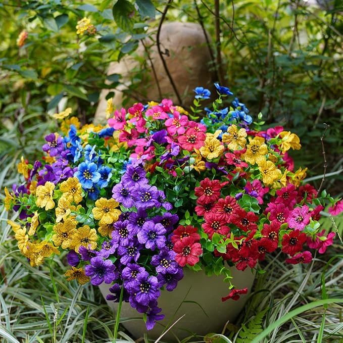 Artificial Flowers for Outdoor, UV Resistant Fake Silk Flowers, Realistic Faux Plants for Outside Indoor Porch Patio Window Box Planter Home Decor (20, Yellow Purple Rosy Red Blue)