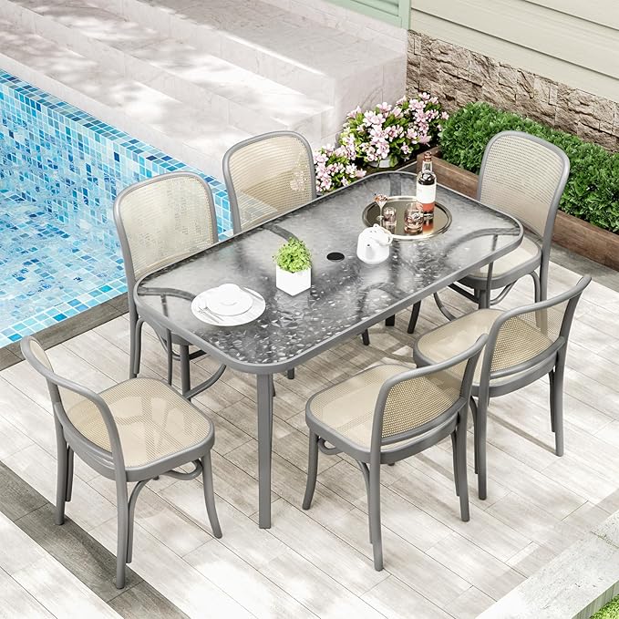 TLSUNNY Patio Outdoor Table W/ 1.69″ Umbrella Hole, 30"X 55" Rectangular Tempered Glass Patio Dining Table for 6, Outdoor Metal Furniture, All-Weather Use, for Patio, Graden, Backyard (Grey)