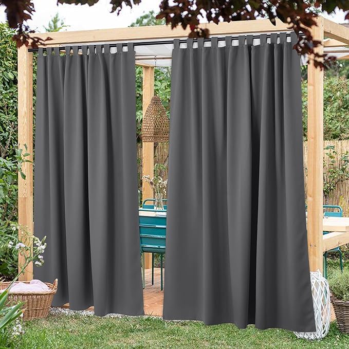 NICETOWN 2 Panels Grey Patio Outdoor Curtainss Weighted and Thick Waterproof 95" L by 84" W, Thermal Insulated Detachable Tab Top Blackout Sunlight Reducing Outdoor Indoor Window Drapes for Porch