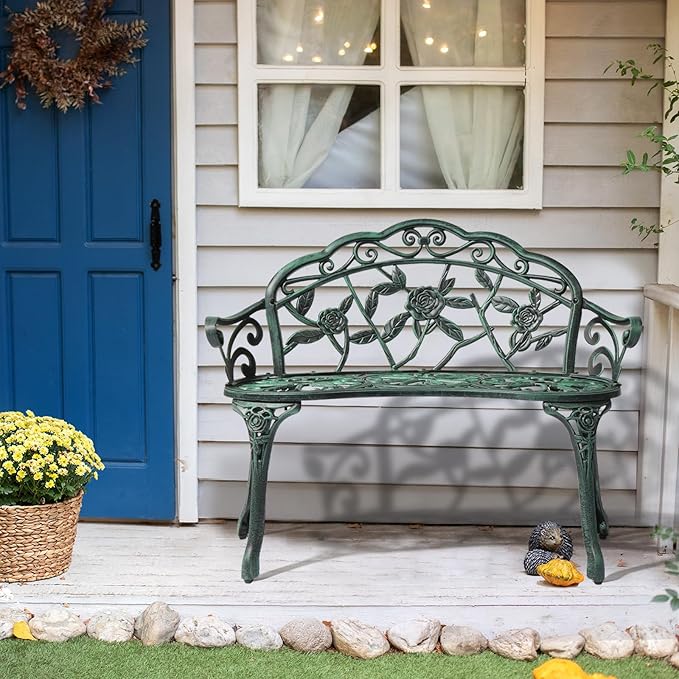 VINGLI 38.5" Patio Park Garden Outdoor Metal Rose Bench, 2-Person Cast Iron Cast Aluminium Frame Antique Finish Chair,Accented Lawn Front Porch Path Yard Decor Deck Furniture (Green, Rose)