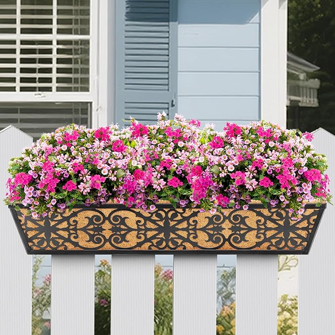 2 Pack 30 Inch Window Boxes Planters Railing Planter Box with Adjustable Brackets & Coco Liners Fabric Plant Grow Bags Deck Railing Planter Boxes Balcony Hanging Flower Box for Outdoor Plants