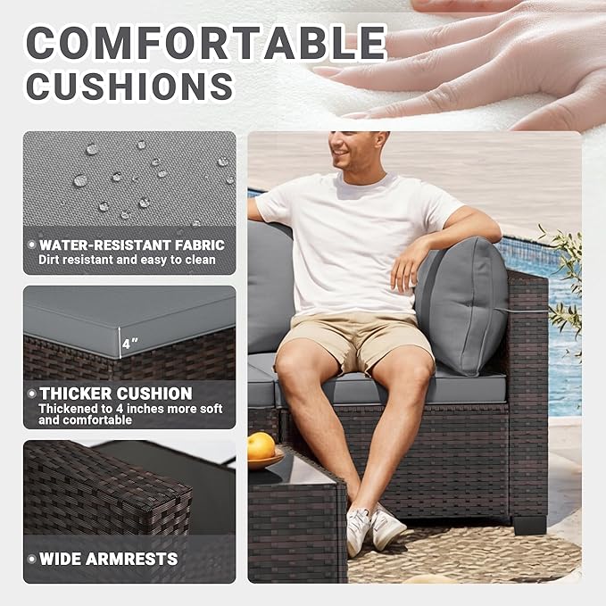 LEVELEVE 7 Pieces Outdoor Patio Furniture Sets,Rattan Conversation Sectional Set,Manual Weaving Wicker Patio Sofa with Tea Table