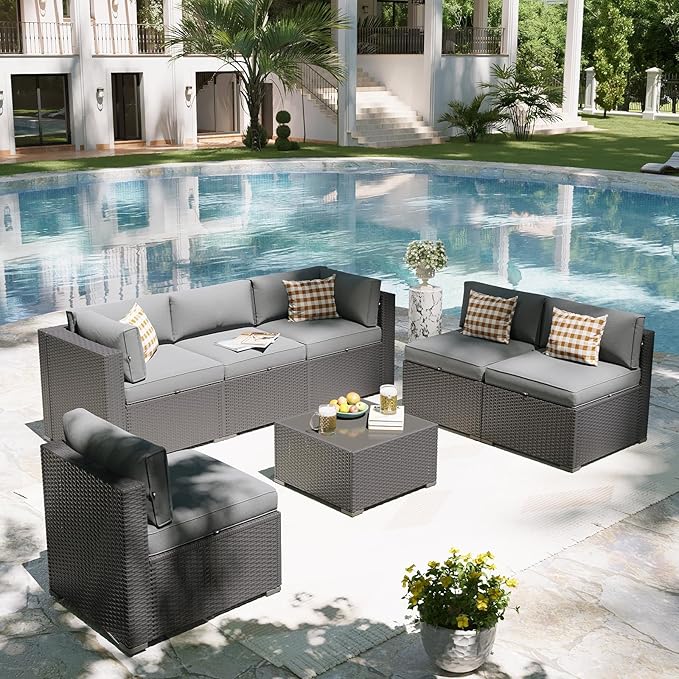 Aoxun Patio Furniture Set, 7 Piece Outdoor Sectional Sofas with Waterproof Cover, Wicker Rattan Outdoor Furniture Patio Conversation Set for Backyard, Garden Light Grey
