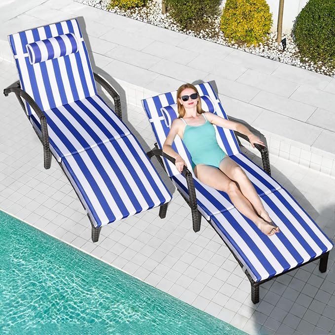 Chaise Lounge Chairs Outdoor Set of 2, Comfy Outside Wicker Patio Pool Lounge Chair w/ 5 Adjustable Back Angle, Cup Holder, Thicken Cushion