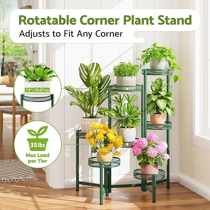 7 Tier Metal Corner Plant Stand Indoor Outdoor, Folding Tall Plant Rack, Heavy Duty Wrought Iron Flower Pot Stand, Planter Display Rack for Living Room Balcony Garden Patio - GreenFlower
