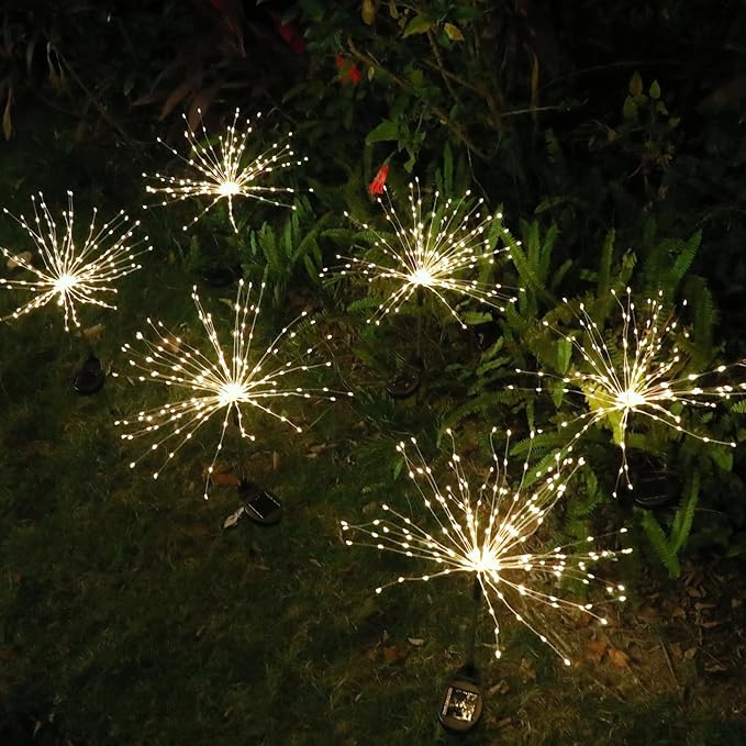 FOOING 6 Pcs Solar Garden Lights Solar Firework Lights, 200 LED String Light 2 Modes Twinkling Nightlight for Outside, Wedding, Party,Patio Home Deceration (Warm White)