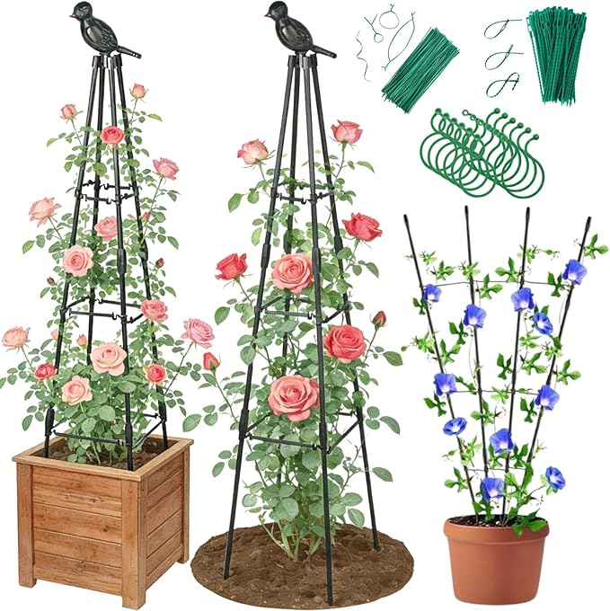 2 Pack Garden Trellis for Climbing Plants Outdoor - Rustproof Plastic Coated Steel Core Tower Obelisk Trellis - Metal Teepee Trellis Vertical Plant Support for Vines Vegetables Flowers Indoor