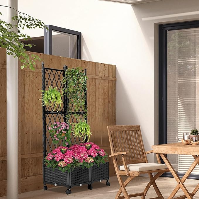 Raised Garden Beds with Screen Outdoor, Garden Trellis for Climbing Plants Indoor, Raised Privacy Planter Box with Trellis for Balcony Backyard Patio, Black, 2 Pcs