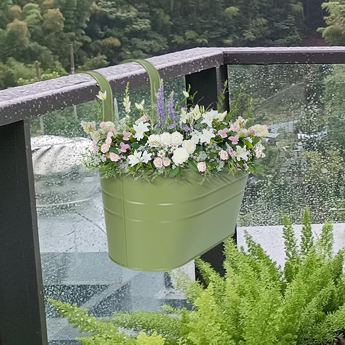 HowRU Metal Iron Flower Pots for Railing Fence Hanging Bucket Pots(5 Pcs) and Hanging Flower Pots Metal Iron Bucket Planter(10 Pcs) (Green)