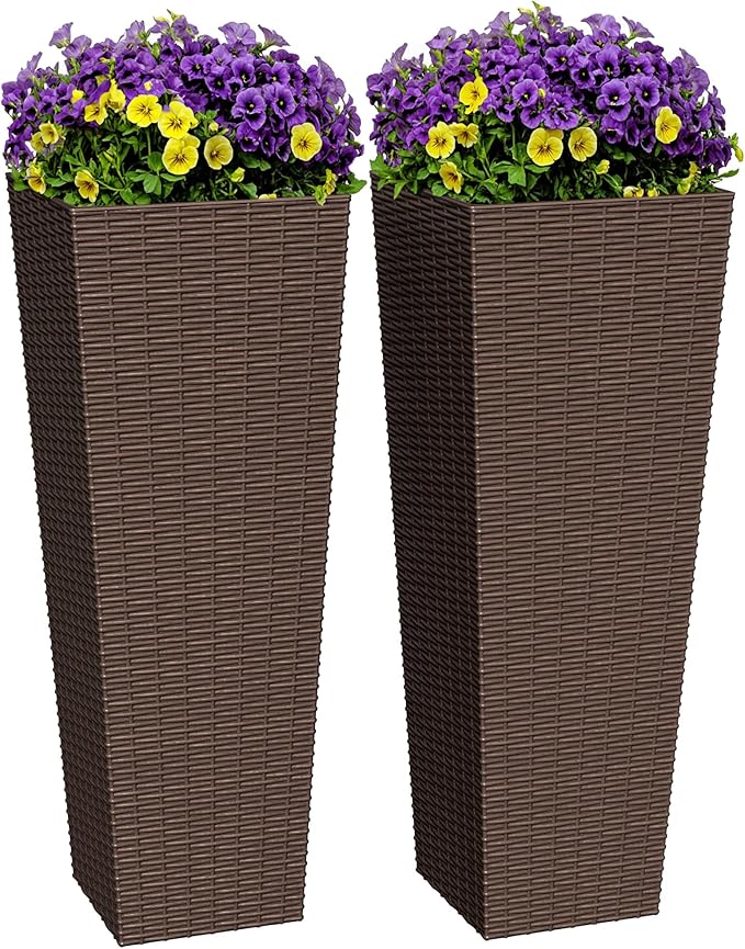 Greesum 32 Inch Tall Plastic Planters with Rattan Texture – Set of 2, Detachable Inner Pot & Drainage Holes, Indoor/Outdoor Decorative Flower Pots for Large Plants, Trees, Patio, and Garden, Brown