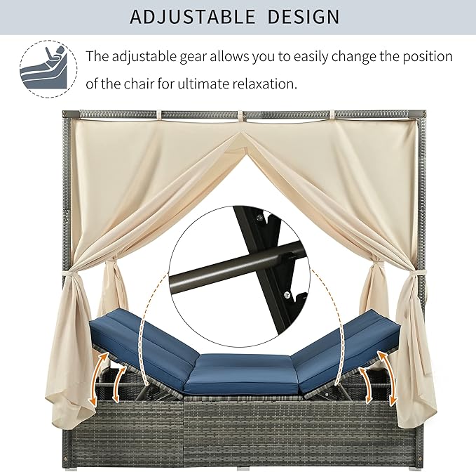 Patio Chaise Lounge, Gray PE Rattan Outdoor Patio Wicker Sunbed Daybed with Adjustable Seats, Four-sided Canopy, Overhead Curtain and Blue Cushions for Backyard, Garden, Poolside (for 2-6 people)