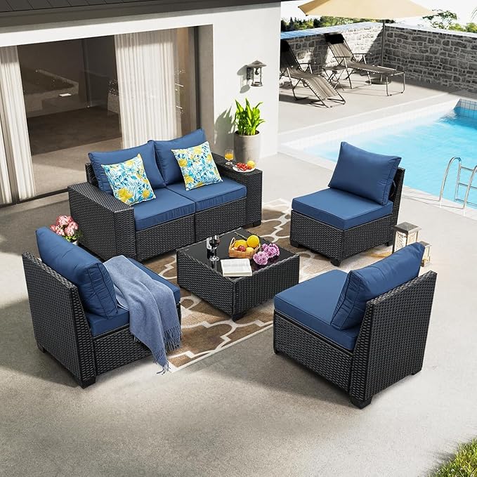 Jing's Villa 6-Piece Patio Furniture Set, All-Weather Outdoor Wicker Sectional Sofa with Cushions, Glass Table & Left and Right Armrest, Rattan Conversation Seating for Porch, Garden, Backyard,Navy