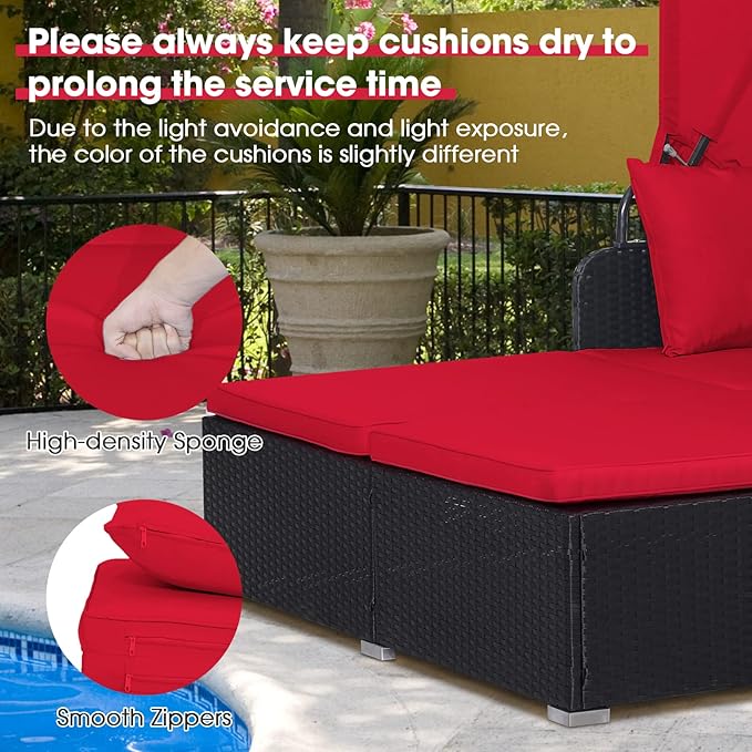 COSTWAY Outdoor Daybed with Retractable Canopy, Wicker Patio Furniture Set with Cushioned Pillows, Patio Rattan Daybed for Deck, Backyard, Poolside (Red)