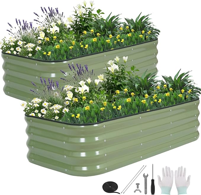 3 in 1 Galvanized Raised Garden Bed - 4x2x1ft (2Packs) Modular Planter Box Outdoor | Metal Raised Bed Kit with Bracing Rods for Gardening Vegetables Flowers Fruits Herbs (Green)