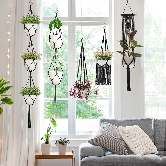 Mkono Macrame Plant Hangers, 5 Pack Different Tiers Indoor Hanging Planters Basket with 5 Hooks Decorative Flower Pots Holder Stand Boho Home Decor, Black