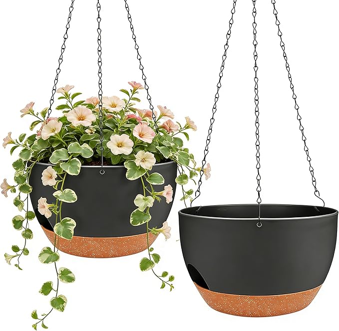 Set of 2-8 Inch Self Watering Hanging Planters for Indoor Outdoor，Hanging Plant Pots with Drainage & Removable Tray, Hanging Pots Holder for Ivy, Pothos, Ferns, Balcony & Patio, Black Brown