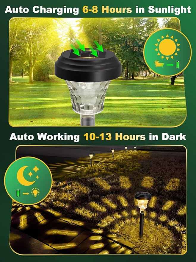 ROOR Ultra Bright Solar Pathway Lights 16 Pack, Outdoor Solar Yard Lights, Warm White, IP67 Waterproof