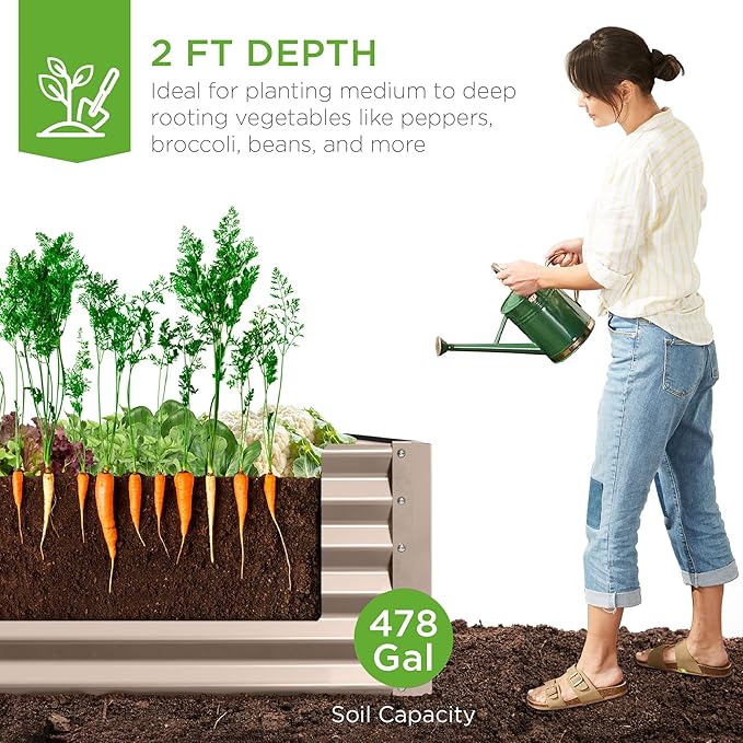 Best Choice Products 8x4x2ft Outdoor Metal Raised Garden Bed, Deep Root Planter Box for Vegetables, Herbs & Flowers, 478-Gallon Capacity, 100% Non Toxic Materials - Taupe