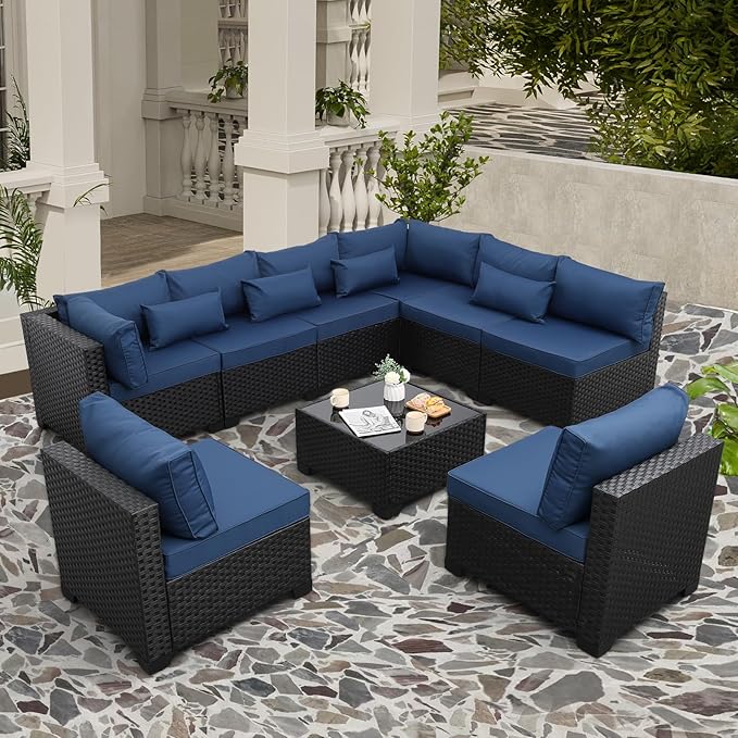 9 Pieces Outdoor Sectional All-Weather Wicker Patio Furniture Set Patio Sectional and Glass Patio Table Non-Slip Cushions and Waterproof Covers, Navy Blue