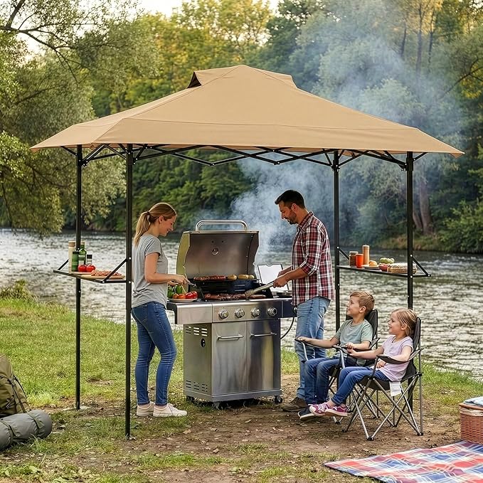 VINGLI 8x5 Pop Up Grill Gazebo BBQ Gazebo with 2 Side Shelves, Outdoor Grill Canopy BBQ Canopy Adjustable Height, Grilling Pergola for Patio Garden