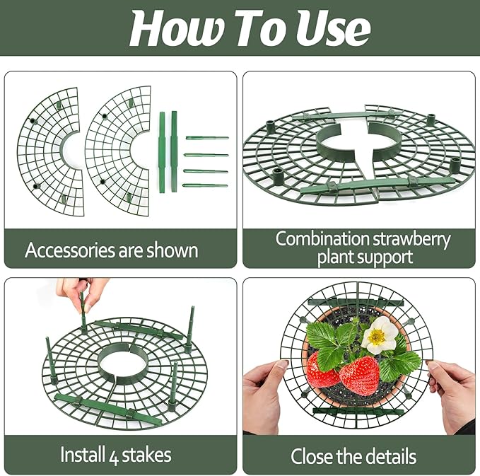 4 Sets Strawberry Plant Support with Mesh Plant Cover,Strawberry Growing Racks Sets with Iron Plant Nails and Storage Bag for Garden Strawberry Vegetables(White Net - Round)