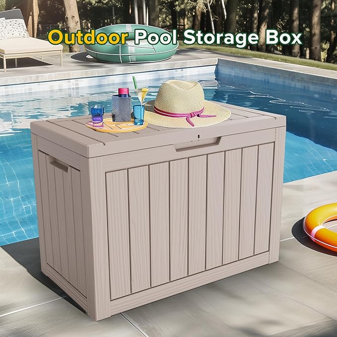 ROJIK Outdoor Storage Housing Deck Box - Waterproof Patio Furniture, Garden Tools, Cushions, Pool Accessories Storage Bench with Lockable Lid and Side Handles (Grey 48 Gal)