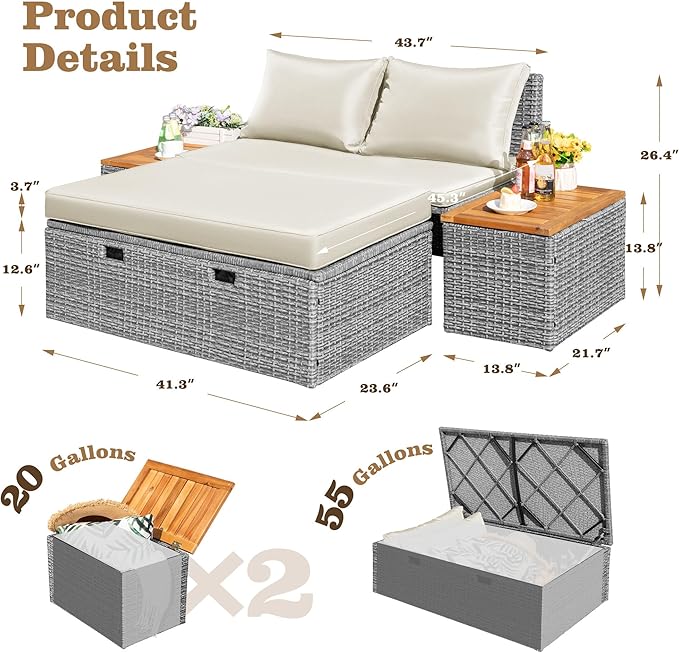 Flamaker Outdoor Rattan Daybed with 2 Side Tables, Multifunctional Wicker Patio Sofa with Storage Ottoman, Cushions, Sunbed Wicker Furniture Chaise Lounge Chair for Backyard Porch Poolside(Beige)