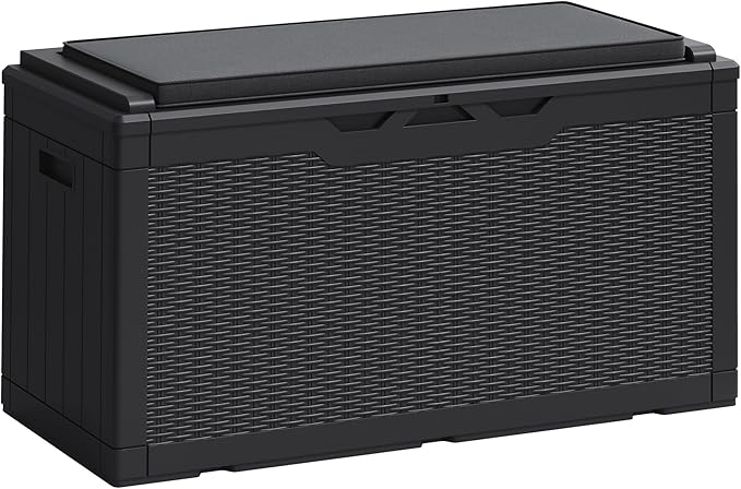 Greesum 100 Gallon Resin Deck Box Large Outdoor Storage Boxes with Cushions for Garden Tools, Patio Furniture Pillows, Pool Supplies, Black