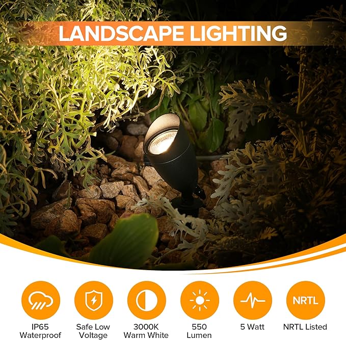 LUTEC 12V Low Voltage Landscape Lighting, Die-cast Aluminum Spot Lights with Connectors, IP65 Waterproof Outdoor Landscape Spotlights, 5W 550LM Warm White 3000K for Tree Garden Yard Pathway, 1 Pack