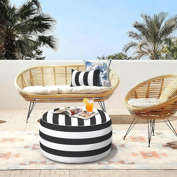 LVTXIII Inflatable Stool Ottoman Footrest with Handle, All Weather Footrest Seat, Indoor or Outdoor Pouf for Home Patio Garden and Camping Use, D31 xH14, Large Round, Cabana Black
