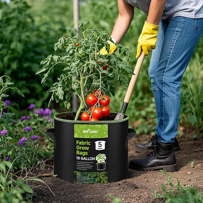 BN-LINK 5-Pack 10 Gallon Grow Bags, Heavy Duty Aeration Fabric Pots with Handles, Thickened Nonwoven Plant Bags for Vegetables, Flowers, Fruits