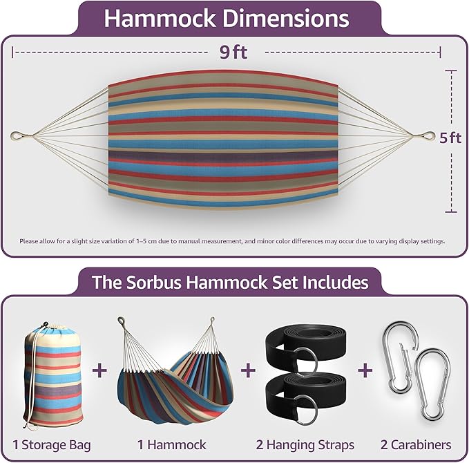 Sorbus® Brazilian Double Hammock - Extra-Long Two Person Portable Hammock Bed for Indoor or Outdoor Spaces - Hanging Rope, Carrying Pouch Included (Blue/Sand/Purple/Red Stripes)