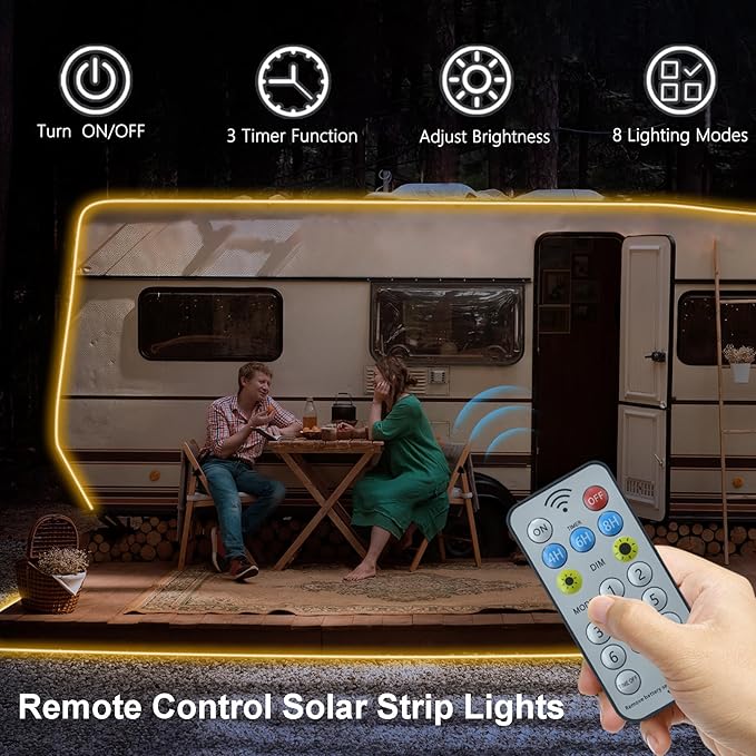 DBFAIRY 50Ft Solar LED Strip Lights Outdoor, Large Capacity Solar Powered Light Strip Auto On/Off with Remote Timer 8 Lighting Modes for Pathway Patio Pool Camping Decor, 2700K Warm White