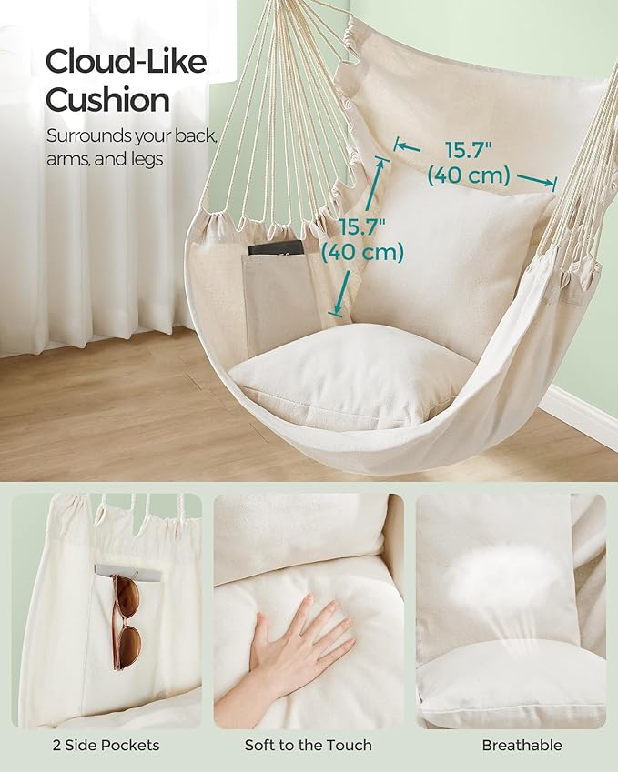 SONGMICS Hammock Chair, Load Capacity 500 lb, Hanging Chair with 2 Cushions, Large Hammock Swing with Chain and Pocket, for Indoor, Outdoor, Living Room, Bedroom, Cream White UGDC197M01
