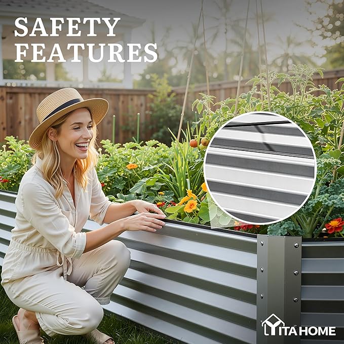 YITAHOME 8x4x1.5ft 2pcs Large Raised Garden Bed Kit, Galvanized Metal Planter Box with Gloves, Ground Nails & Safety Rubber, Outdoor Above Ground Planters for Plants Vegetables Flowers, Silver