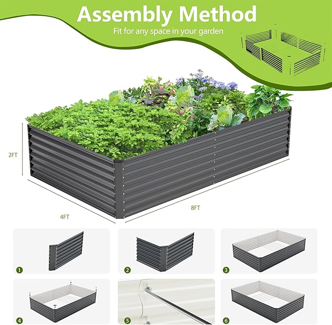 8x4x2FT Galvanized Raised Garden Bed,Galvanized Planter Boxes Outdoor, Large Metal Raised Garden Beds for Vegetables-Grey